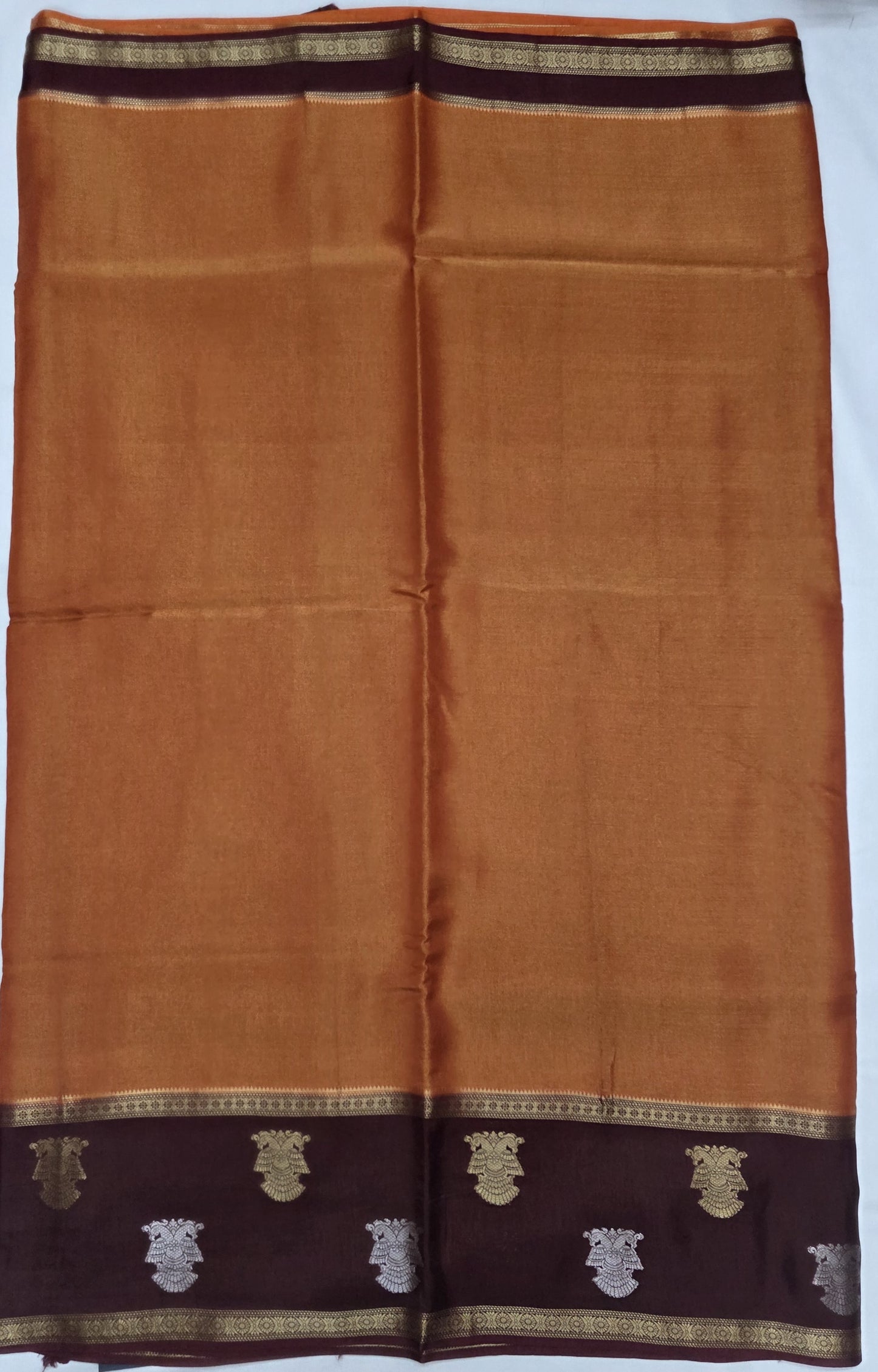 Golden Orange Tissue Viscose Silk Saree with Contrast Brown Gandaberunda Motif Zari Border