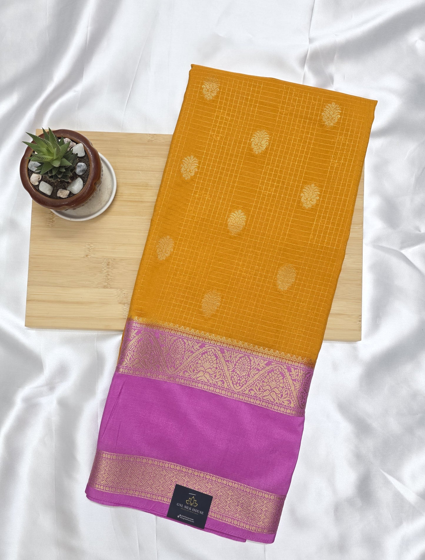 Yellow Semi Crepe Silk Saree with Baby Pink Bentex Boarder