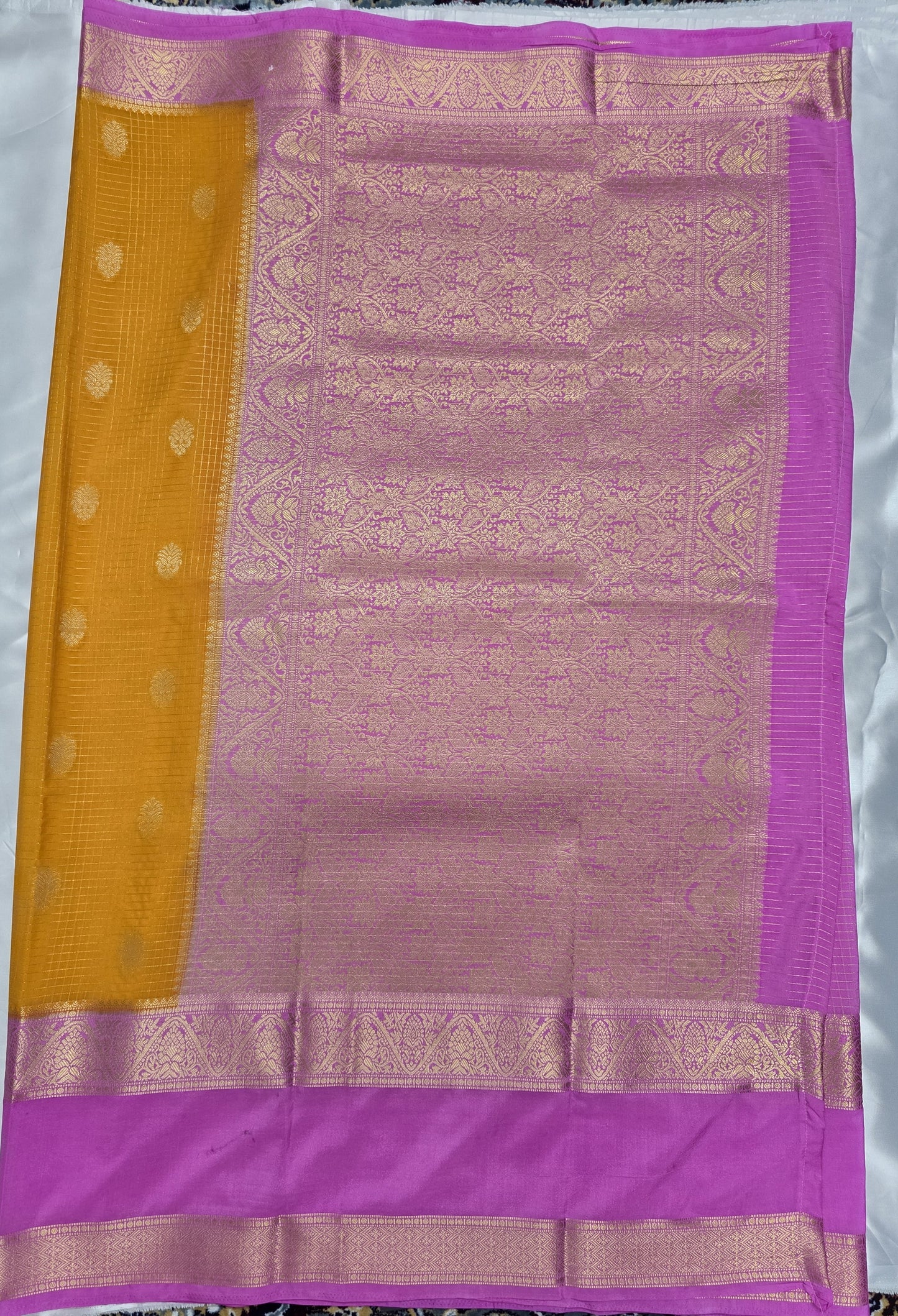 Yellow Semi Crepe Silk Saree with Baby Pink Bentex Boarder
