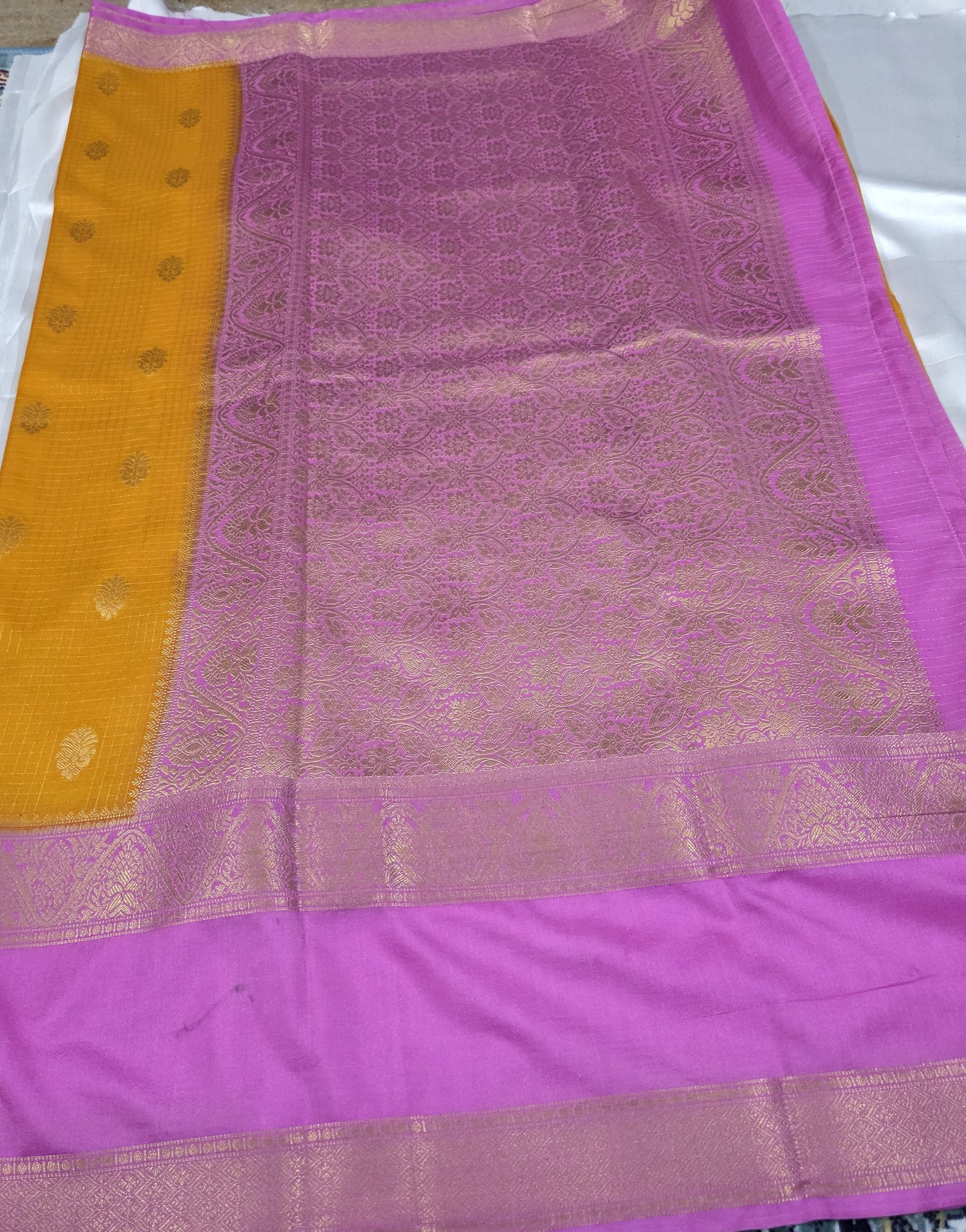 Yellow Semi Crepe Silk Saree with Baby Pink Bentex Boarder