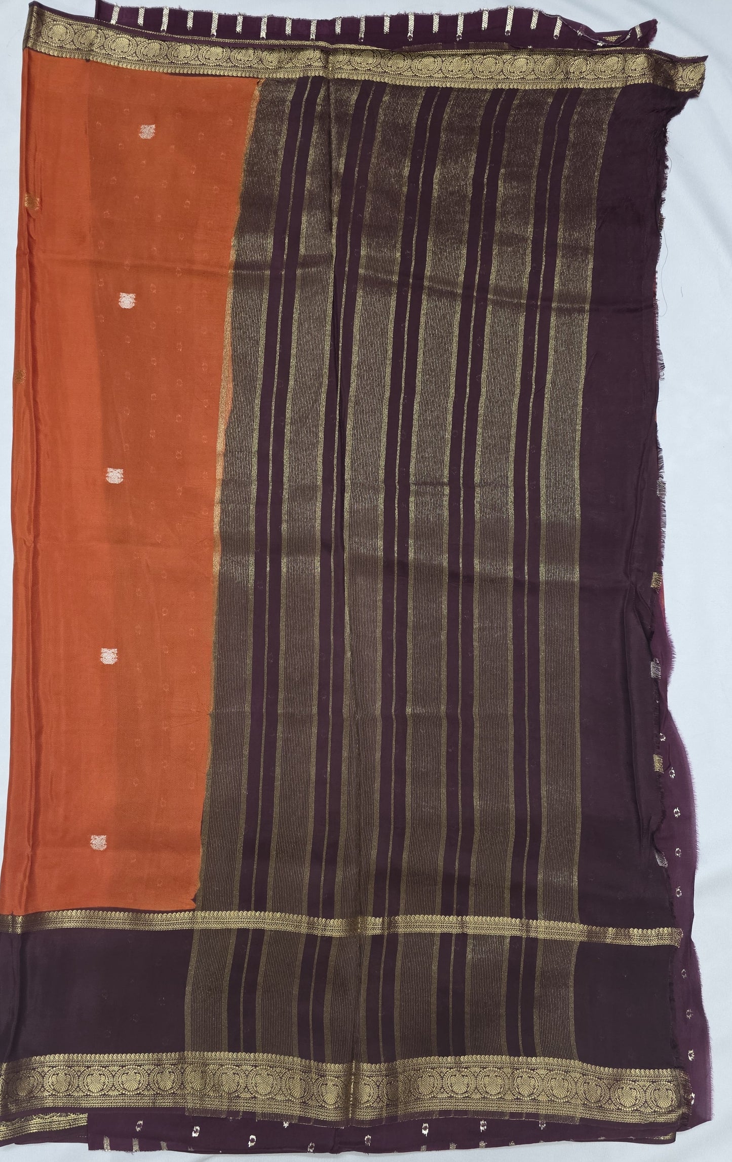 Orange Viscose Silk Saree with Gandaberunda Buttas & Brown Dual Zari Border