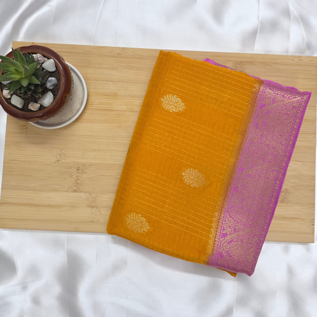 Yellow Semi Crepe Silk Saree with Baby Pink Bentex Boarder