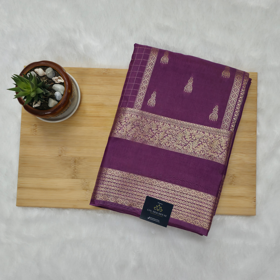 Lavender Pashmina Viscose Saree with Vertical Checks, Jumka Buttas & Bentex Border