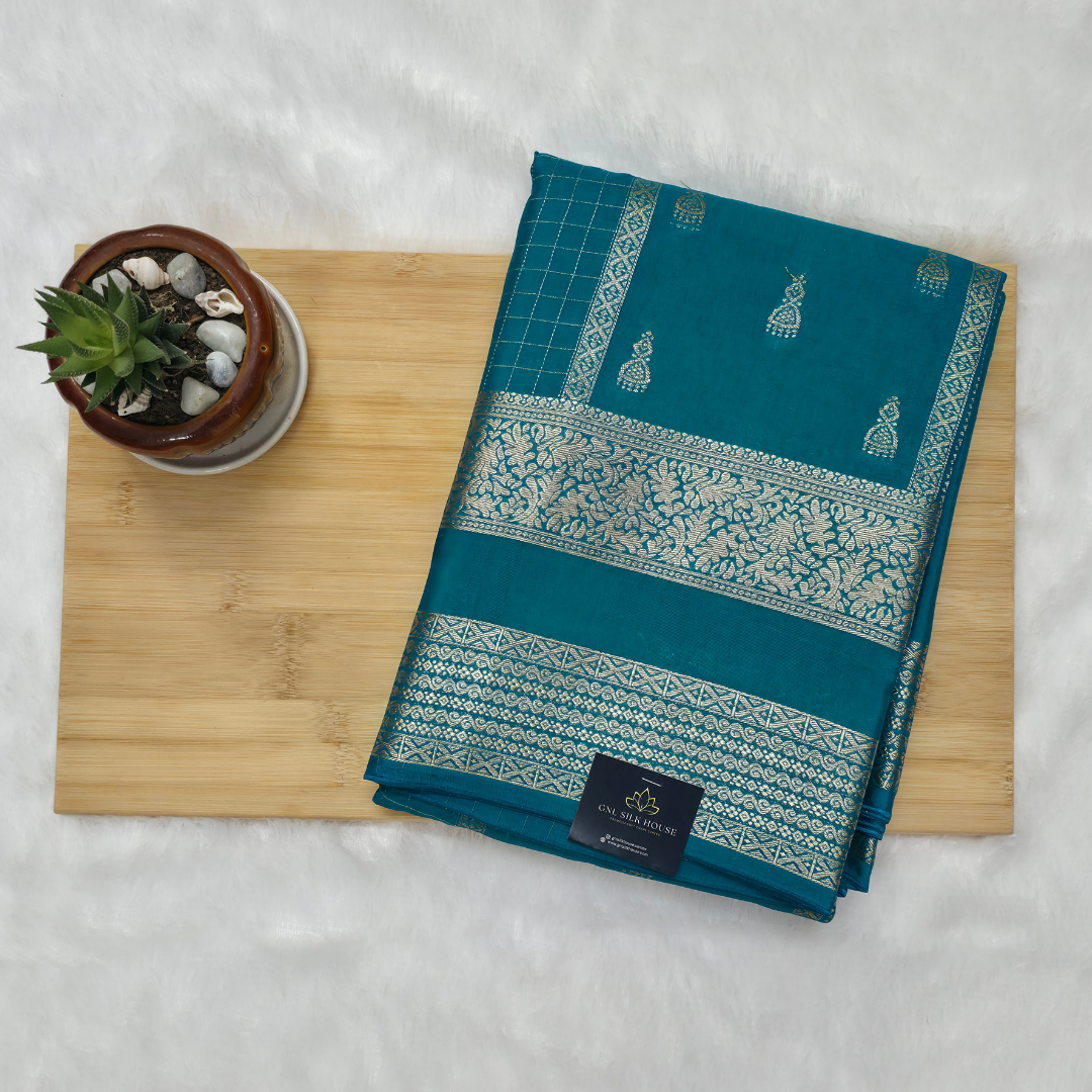 Classic Rama Green Pashmina Viscose Saree with Vertical Checks, Jumka Buttas & Bentex Border