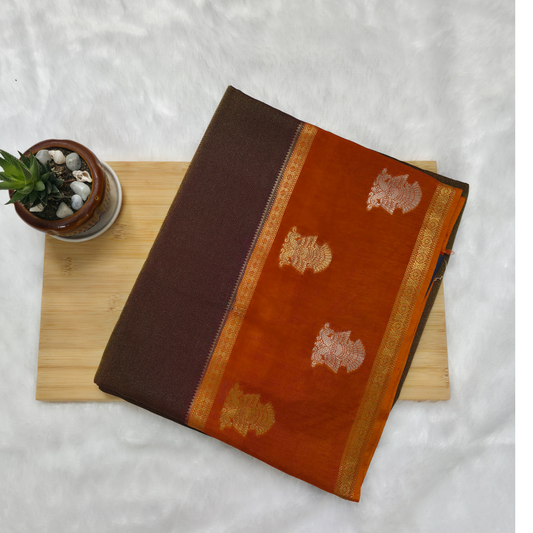 Coffee Brown Tissue Viscose Silk Saree with Orange Gandaberunda Zari Border
