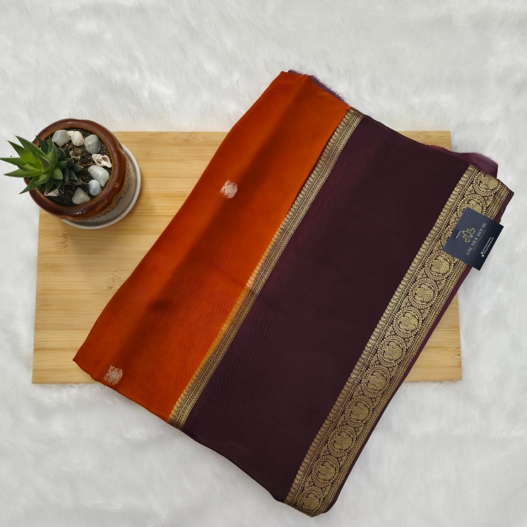 Orange Viscose Silk Saree with Gandaberunda Buttas & Brown Dual Zari Border